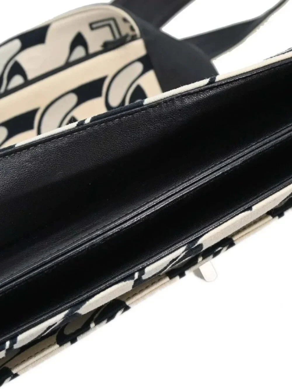 Chanel Beige Black Canvas Graphic Logo Mademoiselle Lock Shoulder Bag 168570